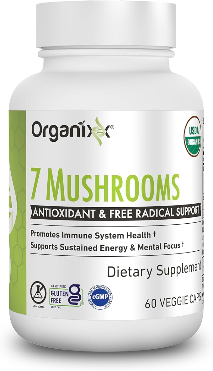 Organixx USDA Organic Mushroom Supplement 7 Fermented Mushrooms – Lions Mane Shiitake Cordyceps Turkey Tail Reishi – for Immune &amp Digestion Support 60 Vegetarian Capsules