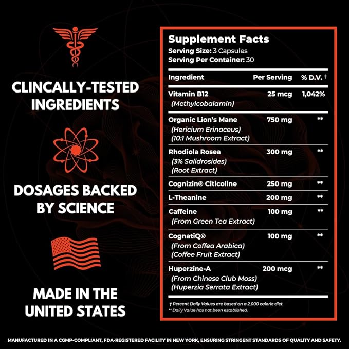 Advanced Nootropic Brain Supplement for Energy Memory &amp Focus | Lion's Mane Caffeine L-Theanine and 5 Additional All-Natural Ingredients to Improve Cognitive Health (90 Capsules)