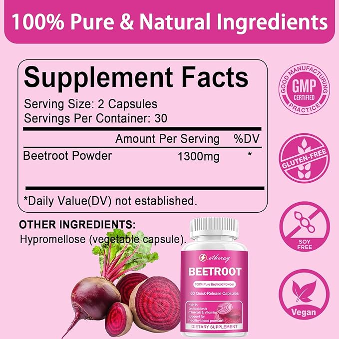 Beet Root Capsules - 1300mg Organic Pure Beetroot Beets Powder 60 Capsules-30 Days Supply | Natural &amp Vegan Supplement