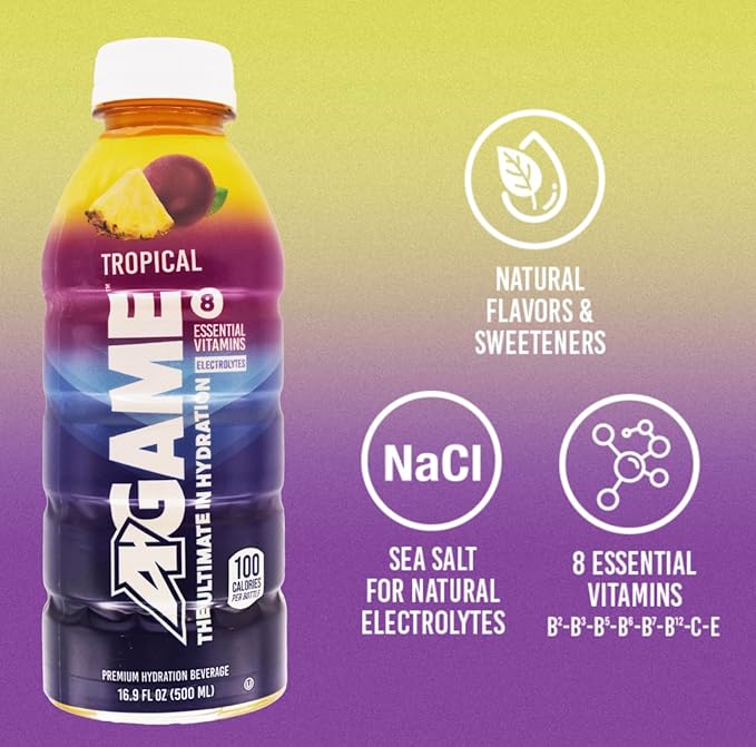A-GAME Sports Drink Tropical The Ultimate Hydration Sports Beverage for Athletes 8 Essential Vitamins including B C &amp E plus Natural Sea Salt Electrolytes All Natural Flavors &amp Sweetener