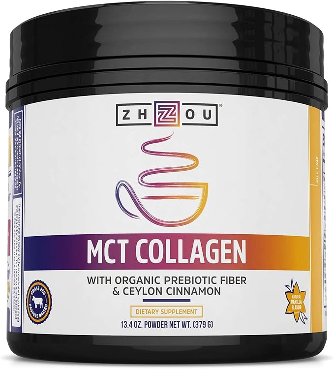 Zhou MCT Flavored Collagen Peptides Powder for Women and Men - Hydrolyzed Collagen Supplement with MCT for Joints Bones Hair Skin &amp Nails - Natural Vanilla Flavor 13.4 oz
