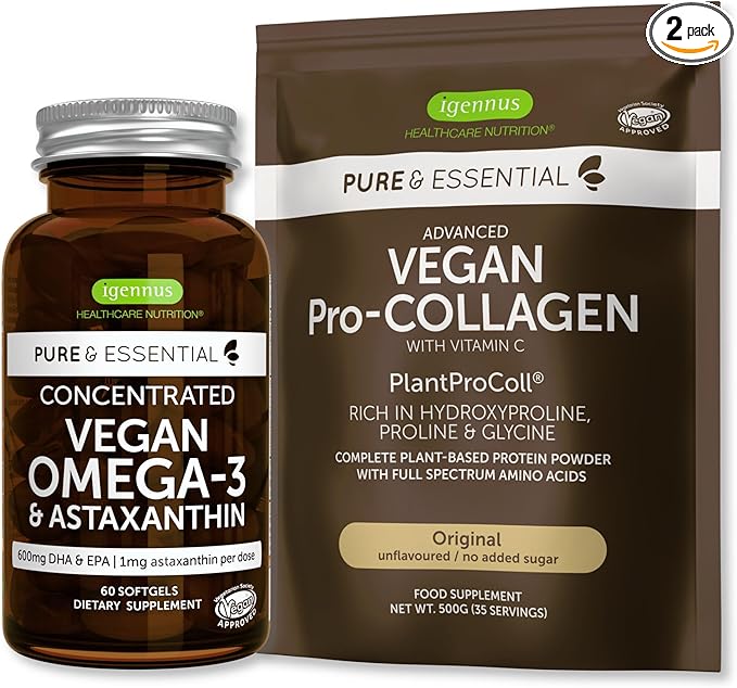Pure &amp Essential Vegan Collagen Peptide Protein Powder &amp Vegan Omega 3 Bundle Complete Collagen Boosting Formula &amp Sustainable Algae Oil 1340mg by Igennus