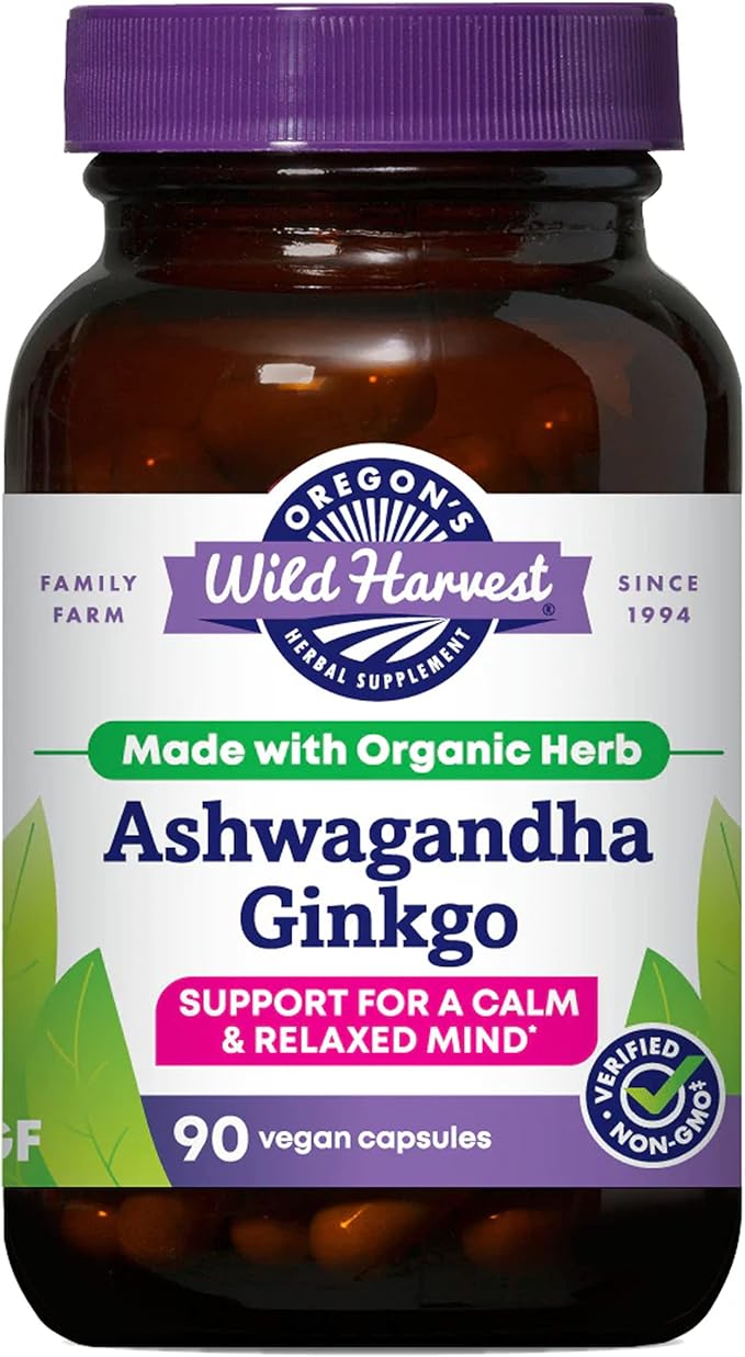 Oregon's Wild Harvest Ashwagandha Ginkgo Organic Non-GMO Herbal Supplements Vegan Plant sourced Capsules | Support for Calm and Relaxed Mind 90 Count