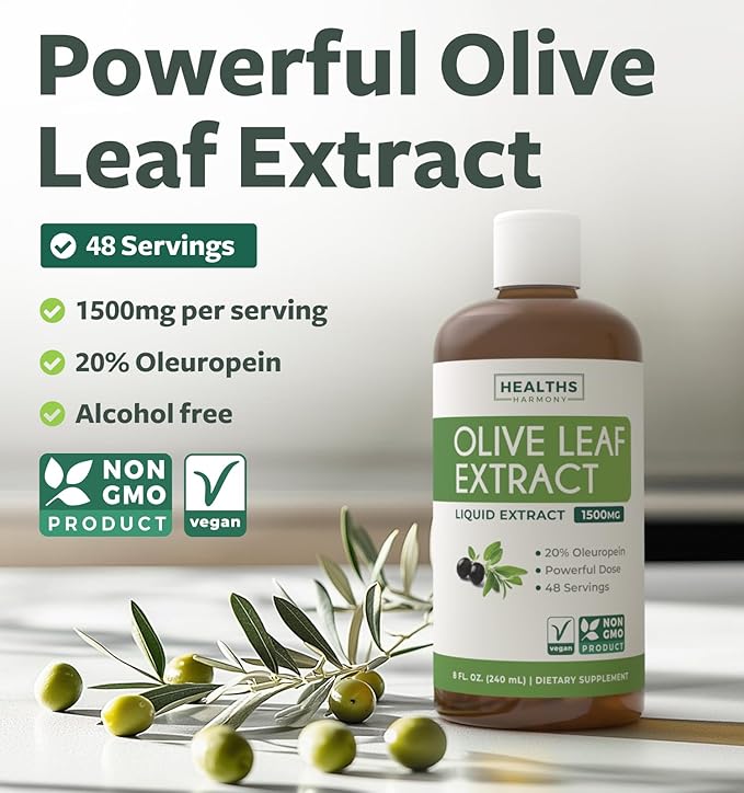 Olive Leaf Extract (Non-GMO) Super Strength: 20% Oleuropein - 1500mg - Vegetarian - Immune Support Supplement Skin Health and Powerful Antioxidants Supplement - Liquid Extract - 8 Fl Oz