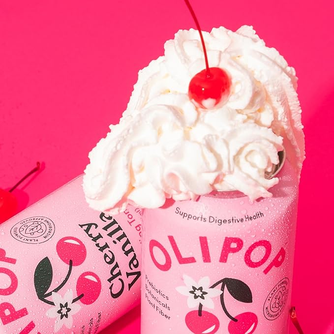 OLIPOP Prebiotic Soda Pop Cherry Vanilla A New Kind of Soda Packed with Prebiotics Fiber and Botanicals Gluten Free GMO Free 12oz (12-Cans)