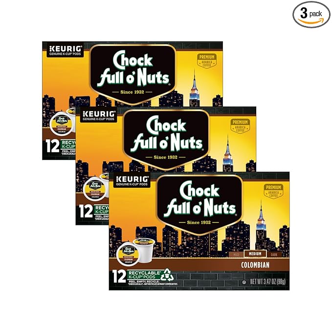 Chock Full o'Nuts Colombian Coffee Compatible with K-Cup Pods 12 CT (Pack of 3)