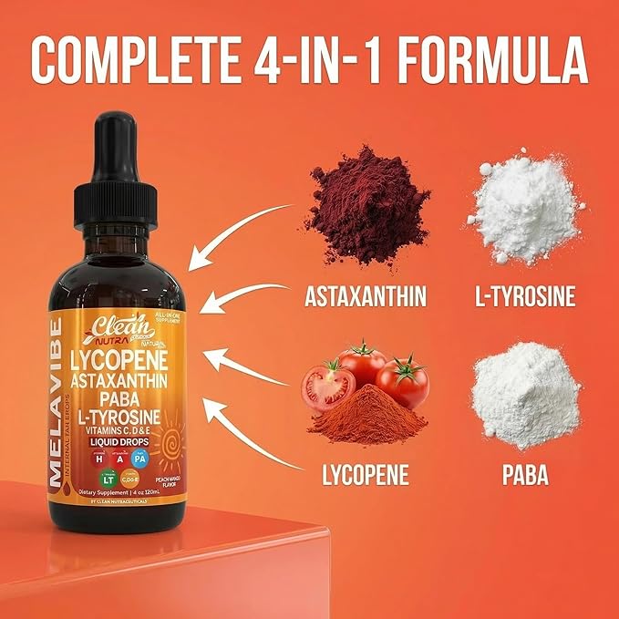 MelaVibe Astaxanthin Internal Tanning Liquid Drops Lycopene PABA L-Tyrosine Grape Seed Extract Vitamin a c d Drops VIT E AMLA Flax Seed Omega 3 Copper Peach Mango Flavor By Clean Nutra