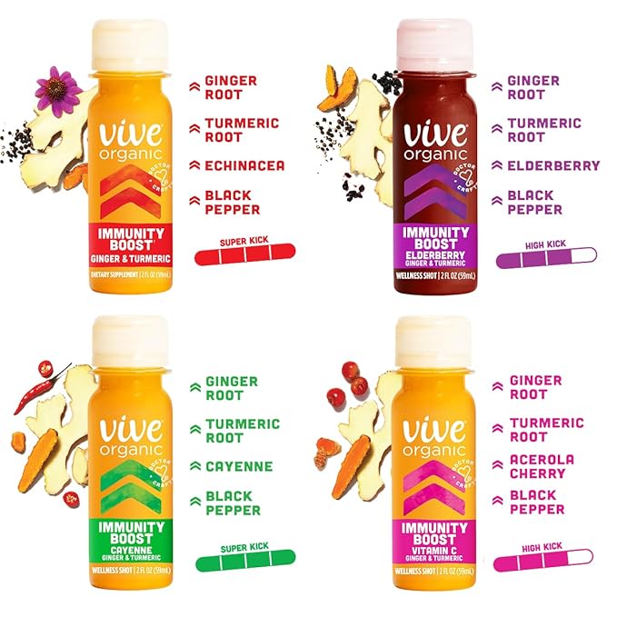 Vive Organic Immunity Boost Shot Sampler Pack | Immunity Boost Original | Immunity Boost Cayenne | Immunity Boost Elderberry | Immunity Boost Vitamin C (2oz shots pack of 8)
