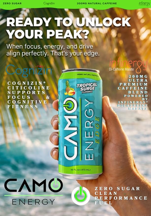 CAMO Energy Edge Tropical Surge Energy Drink 16oz Cans 24 Pack Ultra Premium Caffeine Blend with Infinergy® DiCaffeine Malate Cognizin® Citicoline for Cognitive Fitness Zero Sugar