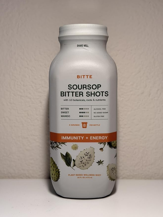 BITTE Immune + Energy Soursop Shots – 3 Pack Ready to Drink Mango Soursop with Zinc Ginseng Guarana &amp Turmeric – Functional Shot Brand for Supplement &amp Juice Lovers – 48 fl oz Total (24 Serv