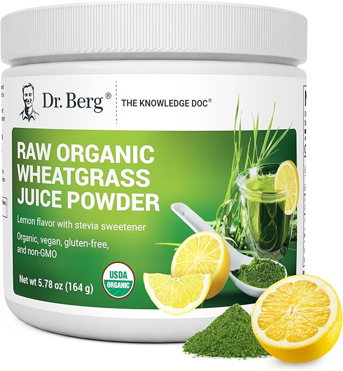 Dr. Berg USDA Certified Organic Green Powder Superfood (60 Servings) - Made with Raw Wheatgrass Chlorophyll Trace Minerals &amp Natural Enzymes - Non-GMO Green Superfood Powder - Lemon Flavor