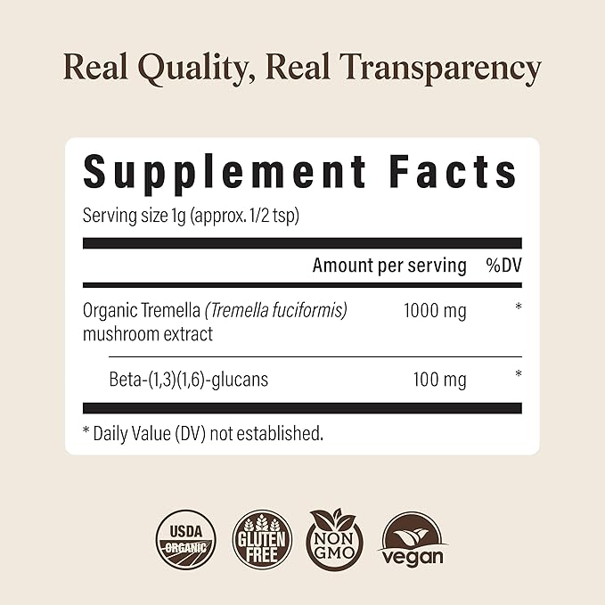 Real Mushrooms Tremella Mushroom Powder – Organic Tremella Extract from Fruiting Body – for Daily Wellness Routine – Vegan Non-GMO No Fillers – 60 Servings Mushroom Blend Supplements