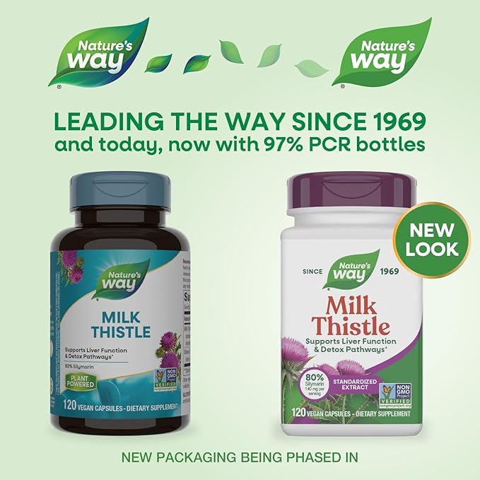 Nature's Way Milk Thistle Supports Liver Function &amp Detox Pathways* 175 mg Milk Thistle Seed Extract Standardized to 80% Silymarin per Serving Vegan 120 Capsules (Packaging May Vary)