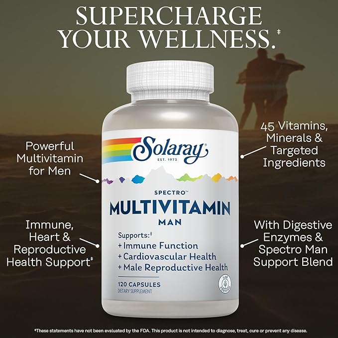 SOLARAY Spectro Multivitamin for Men - Cellular Energy Heart Health Immune Support - 45 Vitamins and Minerals w/Vitamin A Vitamin C D Zinc Digestive Enzymes CoQ10 60-Day Guarantee 30 Serv.