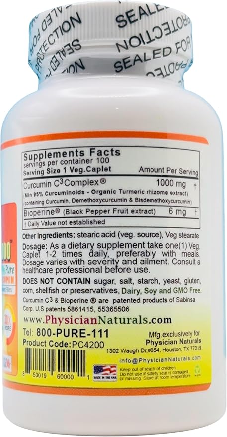 Super Curcumin C3 1000 with Bioperine 1000 mg High Absorption Pure Curcumin 1000 mg per Caplet Supports Joint Health
