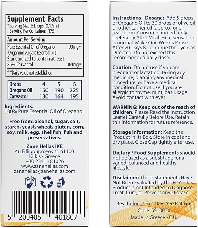 Zane Hellas 190 mg Oregano Oil-164 mg Carvacrol per Serving-4 Drops Daily. 100% Greek Undiluted Oil of Oregano. 86%-90% Min Carvacrol. Probably The Best Oregano Oil in The World. 1 fl. oz.- 30ml