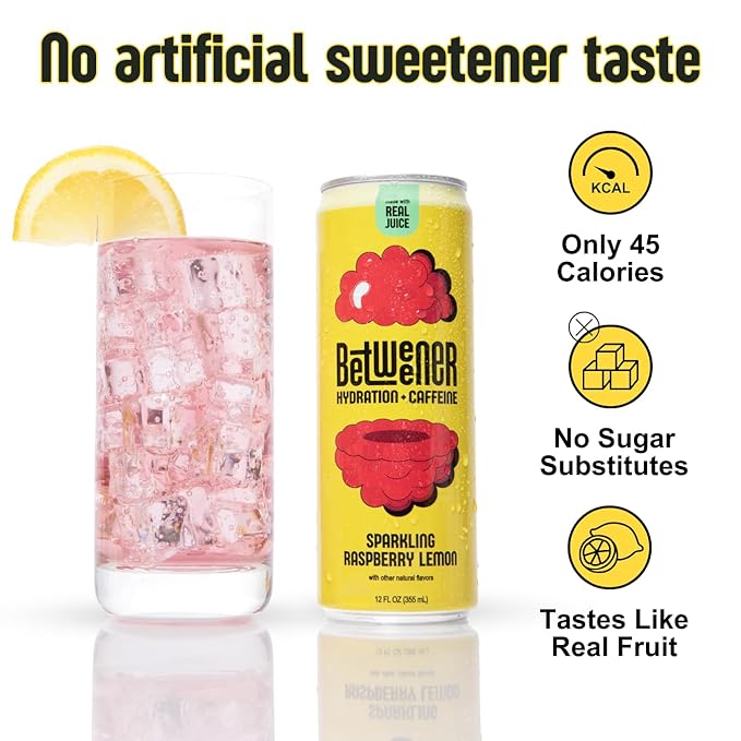Betweener Sparkling Energy Seltzer Sparkling Water w/Real Juice &amp 100mg Caffeine Light &amp Refreshing L-Theanine for Focus Vitamins B+C - Low Sugar - 45 Cals - Variety Pack (12 Pack)