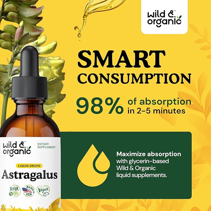 Wild &amp Organic Astragalus Extract Drops - Immune Support - Liquid Astragalus Root Supplement - Add to Tea &amp Mix with Powder - Membranaceus Herb - Vegan Sugar &amp Alcohol-Free Tincture - 2 f