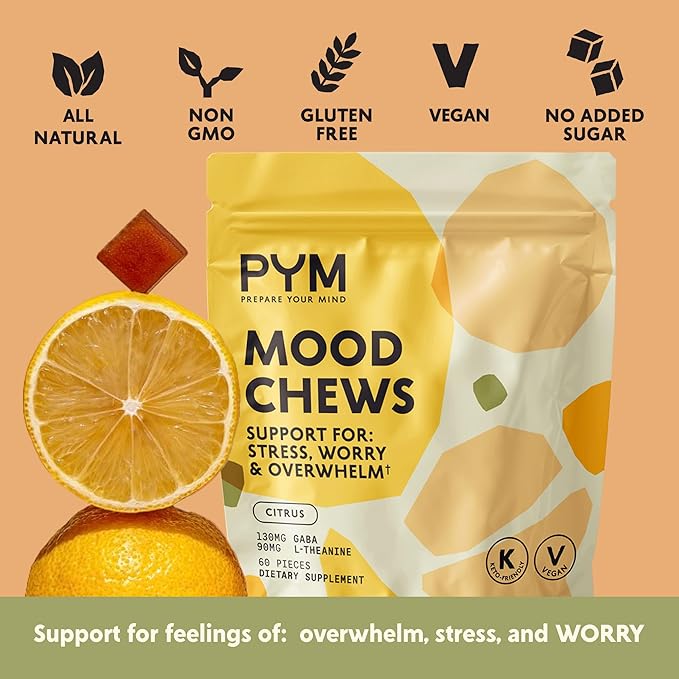 PYM Citrus Mood Chews Support for Stress Worry &amp Overwhelm 60 Count | 130mg GABA 90mg L-Theanine | VeganNon-GMO Gluten-FreeNo Added Sugar | All-Natural Mood Balance Supplement in Resealable