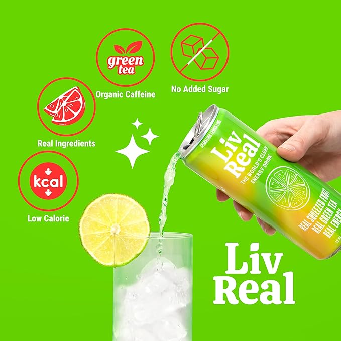 LivReal Clean Energy Drink – Organic Green Tea Caffeine 125mg + L-Theanine 100mg – Real Fruit No Sweeteners or Flavorings – Vitamin C &amp B Complex – Sparkling Variety Pack Water – 12 Pack 12 fl o