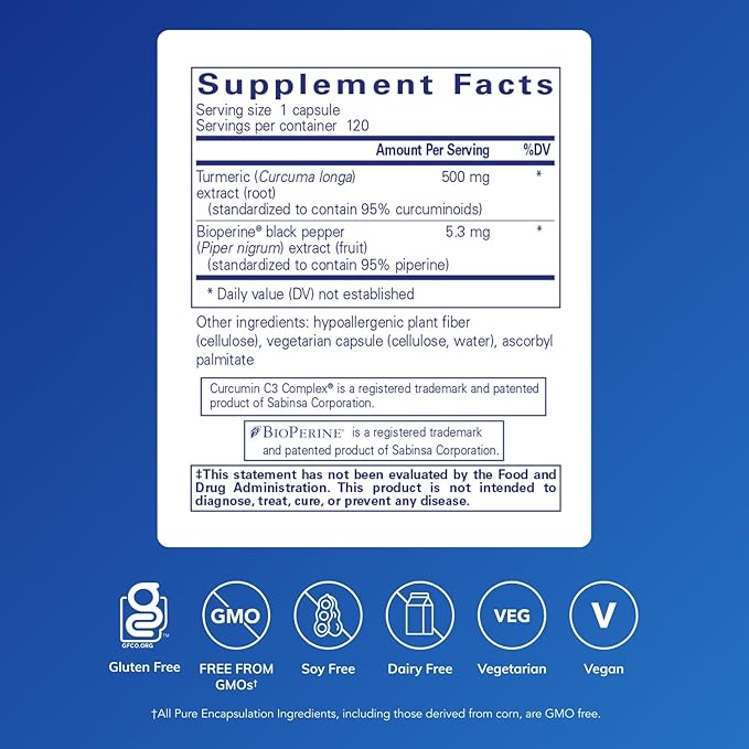Pure Encapsulations Curcumin 500 with Bioperine - Antioxidant Supplement to Support Joints Tissue Liver Colon &amp Cellular Health* - with Turmeric Curcumin &amp Bioperine - 120 Capsules