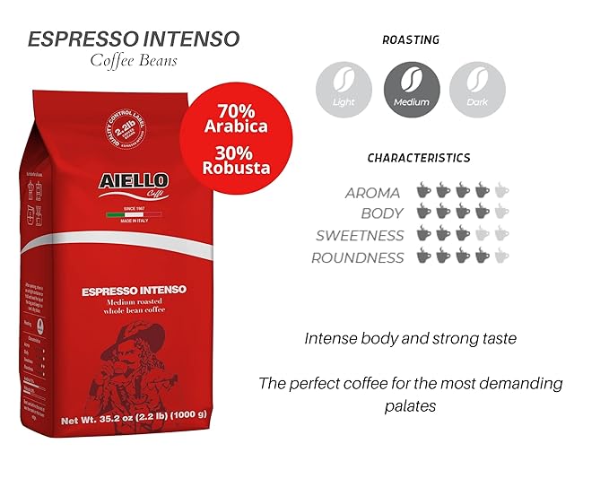 Aiello Caffe Italian Espresso Coffee Beans 2.2 LB Bag Medium Whole Bean Coffee Freshly Roasted and Blended in Southern Italy Intenso