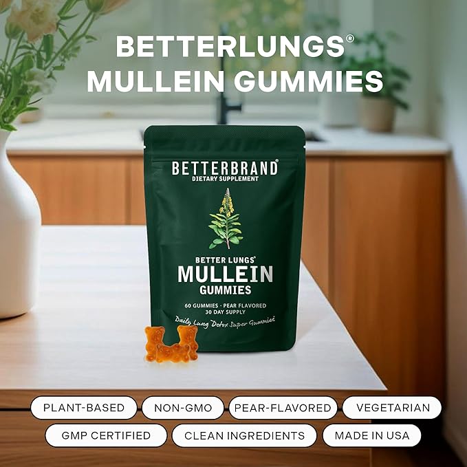 Betterbrand Mullein Chewable Gummies for Lung Cleanse and Detox Respiratory Health Supplement 1000mg Mullein Extract per Serving 60 Gummies - 30 Day Supply - Pear Flavored