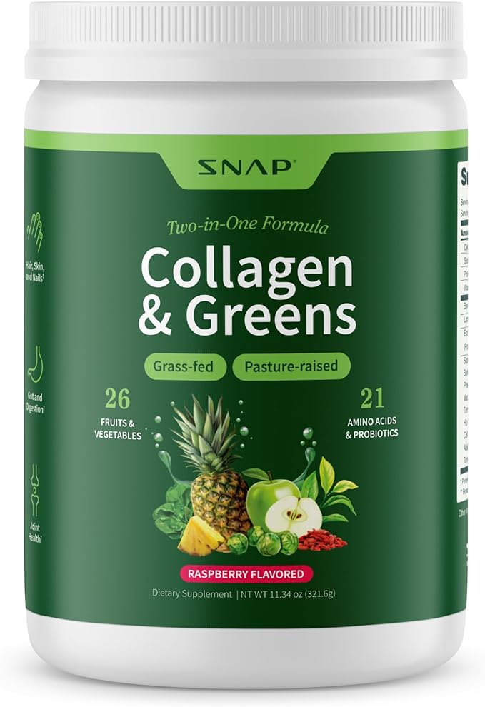 Snap Supplements Super Greens Powder with Collagen Peptides 26 Fruits and Vegetables Grass Fed Non-GMO Daily Greens for Hair Skin Nails &amp Joint Support 11.34 oz (30 Servings 1 Month Supply
