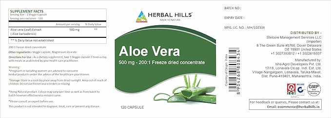 HERBAL HILLS Aloe Vera Capsules (Aloe barbadensis) | 120 Capsules (500 mg) | Pure Aloe Freeze Dried Powder Supplement High Concentration Supports Overall Well-Being