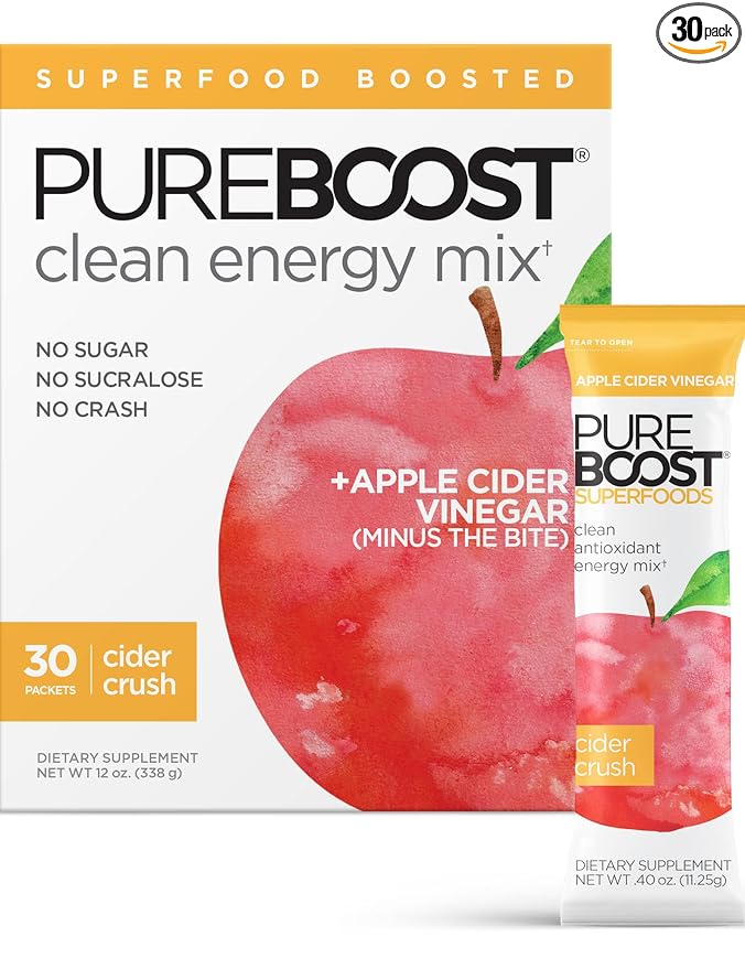 Pureboost Superfoods Clean Energy Booster with Apple Cider Vinegar. Refreshing Energy Drink Mix with 1000 mg of ACV with The Mother. Sugar-Free No Sucralose (Cider Crush 30 Count)