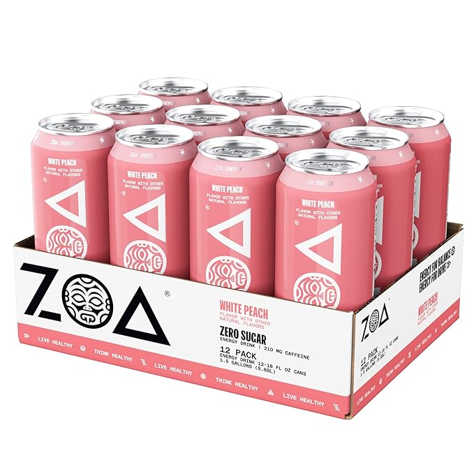 ZOA Zero Sugar Energy Drinks - White Peach | Healthy Energy Formula with Natural Caffeine Daily Vitamin C Essential B-Vitamins | Gluten-Free Keto Friendly | 16 Ounce Cans (Pack Of 12)