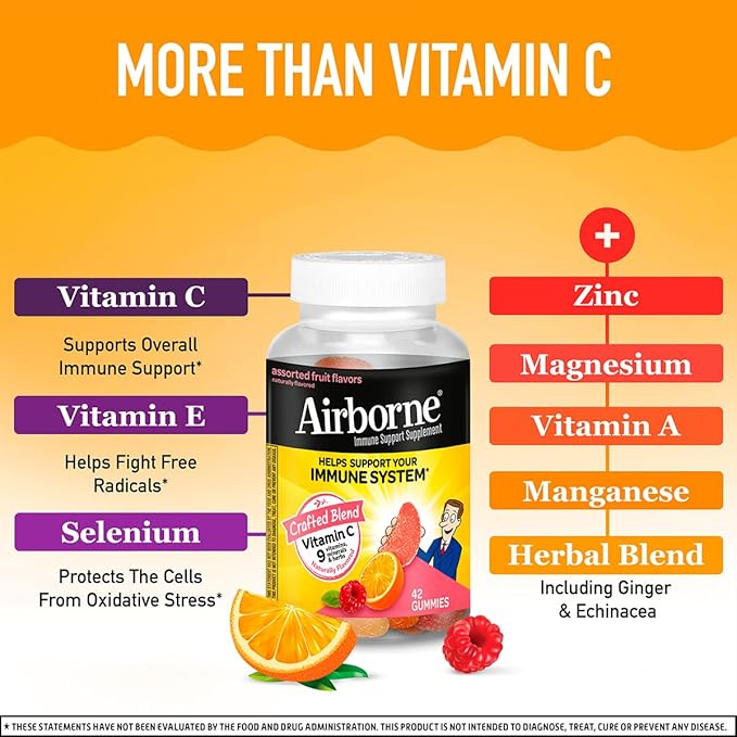 Airborne 750mg Vitamin C Immune Support Supplement Gummies for Adults Assorted Fruit Flavor Gluten Free Crafted Blend with Powerful Antioxidants Vitamins A C &amp E 42 Gummies (2 Pack)