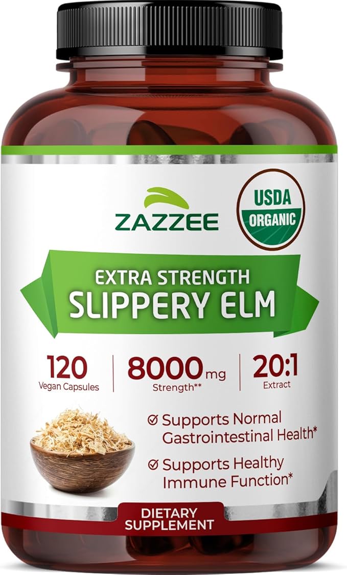 Zazzee USDA Organic Slippery Elm Bark 20:1 Extract 120 Vegan Capsules 4 Month Supply Ulmus Rubra Digestive Throat &amp Mucosal Support Herbal Supplement All-Natural Non-GMO Made in the USA