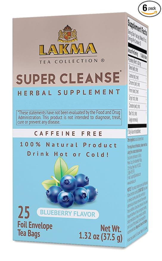 HYLEYS Lakma Super Cleanse Tea with Blueberry - 25 Tea Bags - (6 Pack - 150 Tea Bags Total)