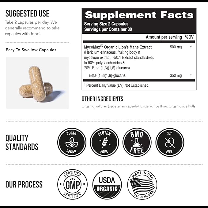 MycoMax Lions Mane Supplement - 70% Beta Glucans Max Potency Organic Lion’s Mane Extract US Grown + Ultrasonic Extraction - 500 mg serving - Supports Mental Clarity Focus and Memory - 60 Capsules