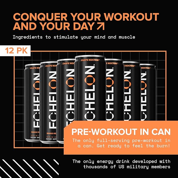Echelon Pre-Workout Energy Drink - 12-Pack Mango Reaper - Peak Performance Sustained Energy Focus and Endurance Dietary Supplement - 300mg of Caffeine Beta-Alanine L-Theanine &amp Fiber - Vegan