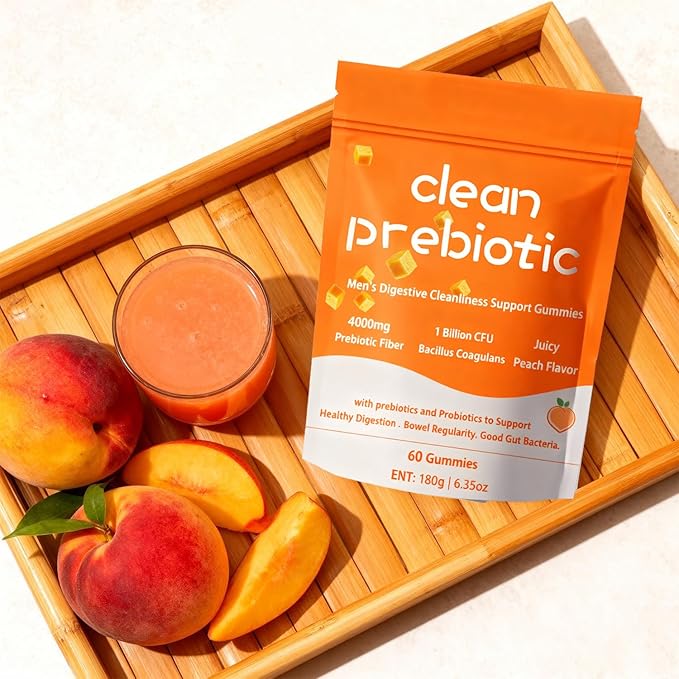 Clean Prebiotic Fiber Gummies for Men Peach FlavorPre+Probiotic Fiber GummiesMen's Digestive Cleaning Support GummyMen Prebiotic Supplement for Digestive Gut Health60 Gummy