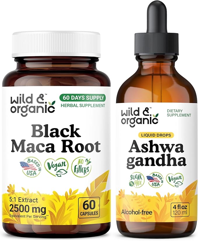 Wild &amp Organic Black Maca Root 60 Capsules &amp Ashwagandha Tincture 4 fl oz