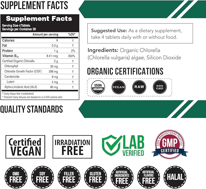 Organic Chlorella: 3 Organic Certifications – Broken Cell Wall Form Blue Green Algae - Raw Sun-Grown Non-Irradiated Maximum Nutrient &amp CGF (Chlorella Growth Factor) Levels - (120 Tablets)