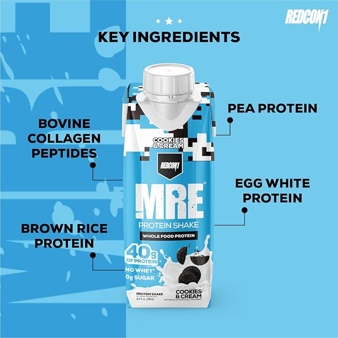 REDCON1 MRE Ready to Drink Protein Shakes Cookies &amp Cream - Lactose + Whey Free RTD Protein Made with Real Whole Food Protein Blends - Keto-Friendly and Easy to Digest Nutritional Shake (12 Pack)