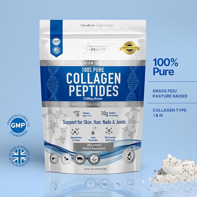 The Intelligent Health Collagen Peptides Powder 45 Servings Hydrolyzed Collagen Type I &amp III Grass Fed Unflavored Gluten Free Keto/Paleo 10g Servings 15.9 Oz Skin Support Hair Nail Jo