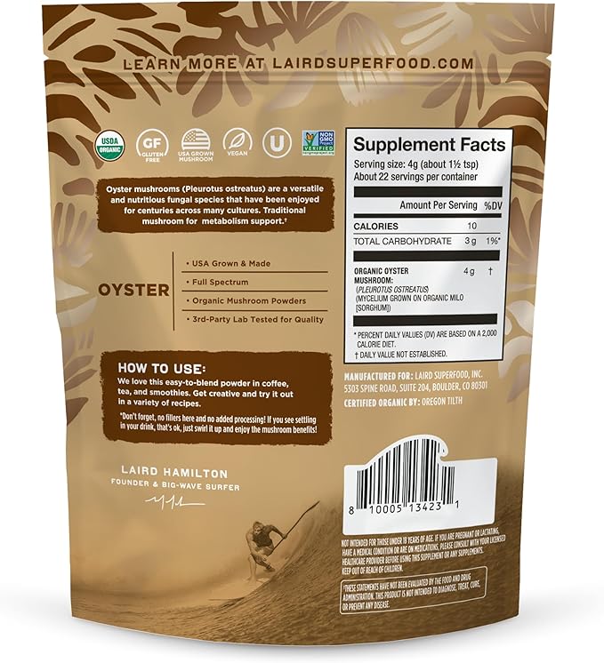 Laird Superfood Organic Oyster Mushroom Powder for Immune and Digestive Support 3.17 oz. Bag Pack of 1