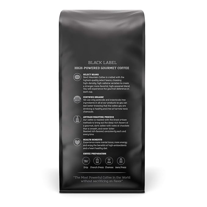 Devil Mountain Coffee Black Label Dark Roast Ground Coffee Strong High Caffeine Coffee Grounds USDA Organic Fair Trade Gourmet Artisan Roasted Strongest Coffee in the World 80 oz Bag