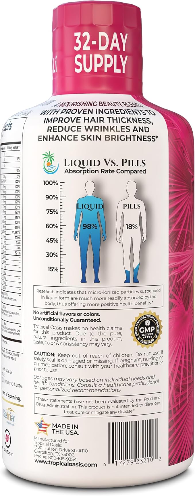 Tropical Oasis Women's Liquid Multivitamin + Hair Growth | Clinically Tested for Thicker Hair Wrinkles Brighter Skin Strong Nails | 2.5g Verisol Collagen | Biotin 12500mcg | 32 Serv