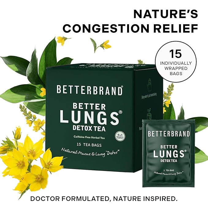 Betterbrand Mullein Tea Bags for Lung Detox - Respiratory Support with Thyme Elderberry Ginseng Ginger Caffeine Free Herbal Blend - 15 Tea Bags (Pack of 1)