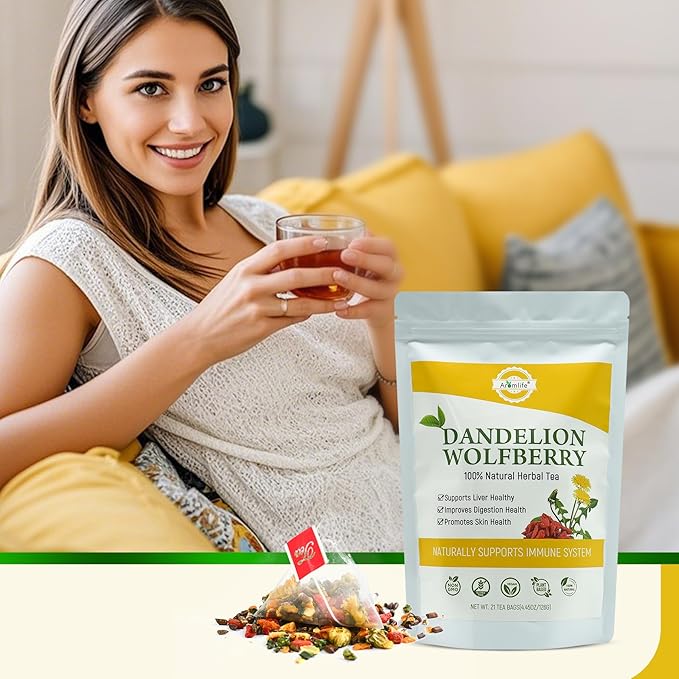 Aromlife Natural Dandelion Wolfberry Tea 5 Pack Herbal Blend with Goji Berry Dandelion Root Milk Thistle &amp Chrysanthemum Caffeine-Free Floral Citrus Herbal 21 Bags Per Pack