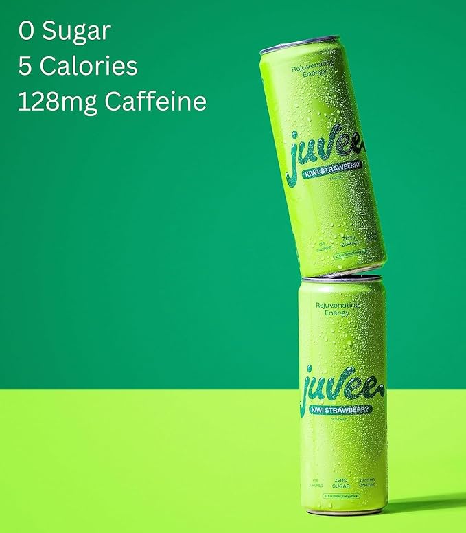 Juvee Rejuvenating Energy Drink Variety Pack – 12 oz Cans Pack of 24 (12 Blue Raspberry + 12 Kiwi Strawberry) – Sugar-Free 128 mg Natural Caffeine Low Calorie Clean Energy &amp Mental Focus Boost
