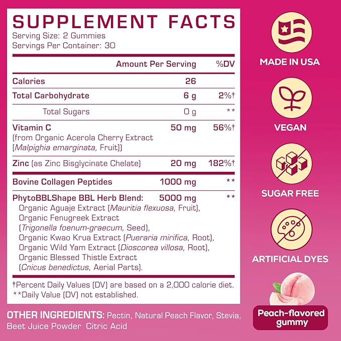 Booty Gummies for Women - BBL Gummies with Bovine Collagen Peptides - Herbal Blend with Aguaje Fenugreek Kwao Krua Wild Yam Blessed Thistle Vitamin C &amp Zinc - Delicious Peach Flavor(120 Count