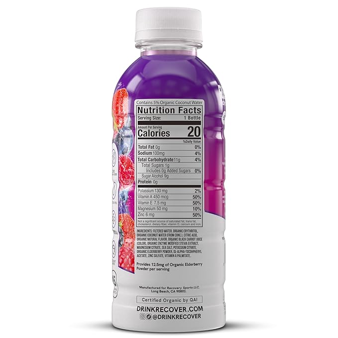 RECOVER 180 Organic Sports Hydration Drink No Sugar Added 20 Calorie Sports Beverage Organic Flavors With Vitamins Potassium-Packed Electrolytes (16.9 Fl Oz (Pack of 12) Super Berry)
