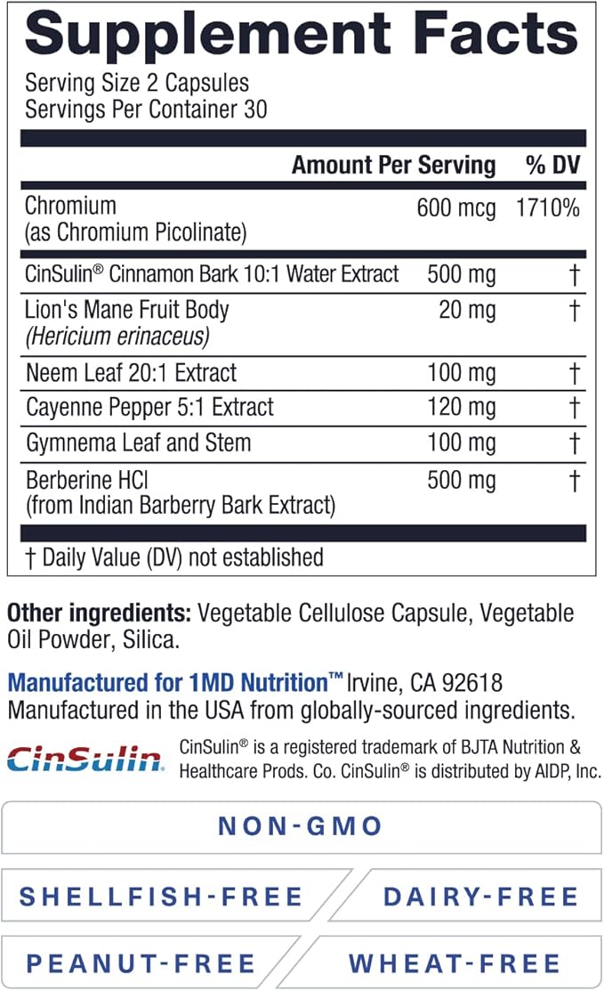 1MD Nutrition - Cinnamon bark 10:1 Water Extract Chromium Neem Leaf Berberine Cayenne Pepper 5:1 Extract Lion's Mane Gymnema Leaf and Stem - 60 Capsules